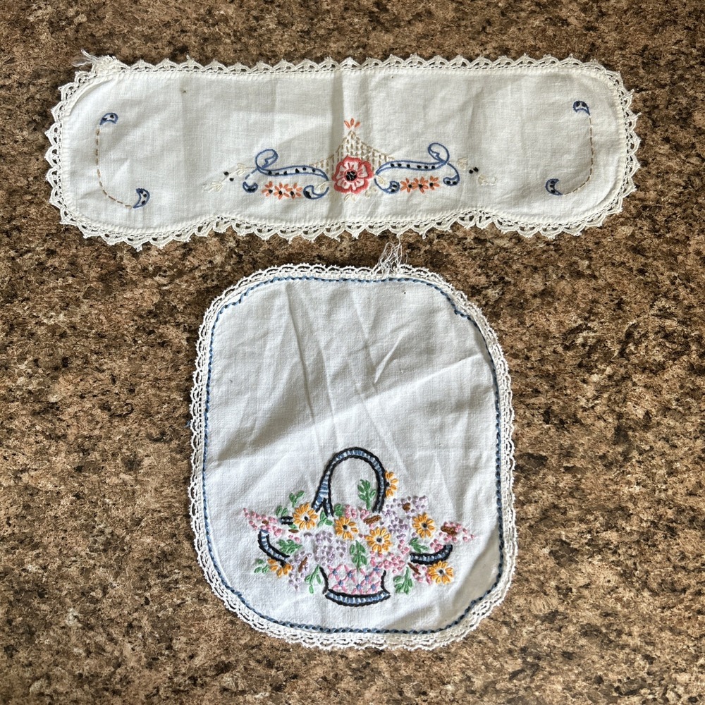 Vintage Cotton Linen Crochet Embroidery Handmade Off White Floral Basket